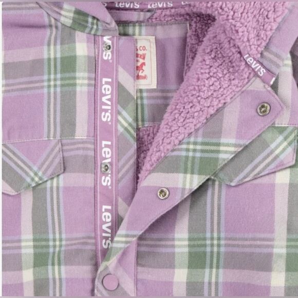 Levi's Youth Girls Hooded Fleece Lined Flannel Shirt Jacket Purple Plaid M 10/12 - Picture 3 of 6
